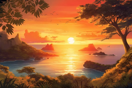 As the sun dips below the horizon, the warm colors of the tropical sky create a truly breathtaking sunset scene. The soft, gentle breeze provides a calming backdrop for this serene and beautiful island sunset. (generative AI)