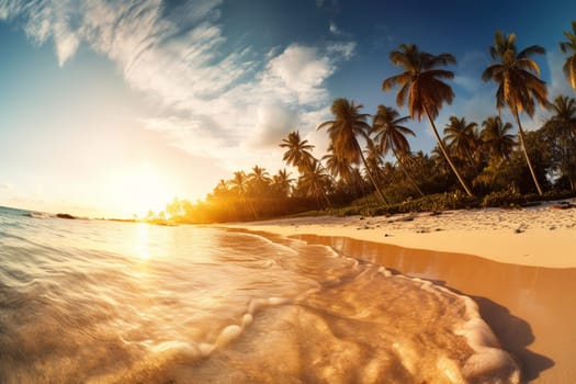 As the sun slowly sets behind the horizon, the warm tones of the sky accentuate the beauty of the tropical beach. The crystal-clear water invites you to take a dip, while the swaying palm trees provide a natural canopy of shade.  (generative AI)