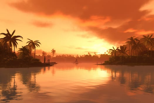 As the sun dips below the horizon, the warm colors of the tropical sky create a truly breathtaking sunset scene. The soft, gentle breeze provides a calming backdrop for this serene and beautiful island sunset. (generative AI)