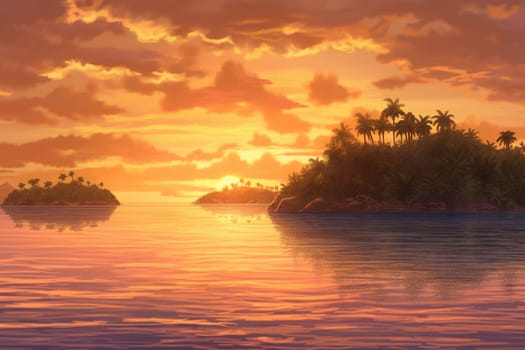 As the sun dips below the horizon, the warm colors of the tropical sky create a truly breathtaking sunset scene. The soft, gentle breeze provides a calming backdrop for this serene and beautiful island sunset. (generative AI)