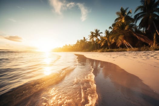 As the sun slowly sets behind the horizon, the warm tones of the sky accentuate the beauty of the tropical beach. The crystal-clear water invites you to take a dip, while the swaying palm trees provide a natural canopy of shade.  (generative AI)