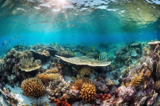 This stunning coral reef teems with a wide variety of marine life, including colorful fish, exotic sea creatures, and more. The crystal-clear turquoise water provides a stunning backdrop, while the panoramic view captures the majesty and beauty of this natural wonder. (generative AI)