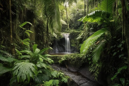 The serene and tranquil landscape of a beautiful waterfall cascading through tropical greenery reflects the natural beauty of the scene. The panoramic view creates an immersive experience, whilst the high contrast provides an extra level of sophistication to the beautiful landscape photo. (generative AI)
