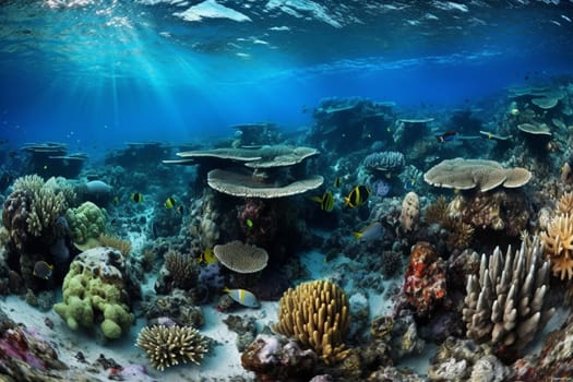This stunning coral reef teems with a wide variety of marine life, including colorful fish, exotic sea creatures, and more. The crystal-clear turquoise water provides a stunning backdrop, while the panoramic view captures the majesty and beauty of this natural wonder. (generative AI)