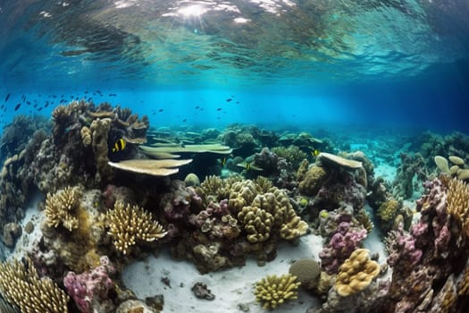 This stunning coral reef teems with a wide variety of marine life, including colorful fish, exotic sea creatures, and more. The crystal-clear turquoise water provides a stunning backdrop, while the panoramic view captures the majesty and beauty of this natural wonder. (generative AI)
