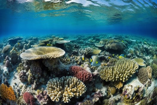 This stunning coral reef teems with a wide variety of marine life, including colorful fish, exotic sea creatures, and more. The crystal-clear turquoise water provides a stunning backdrop, while the panoramic view captures the majesty and beauty of this natural wonder. (generative AI)