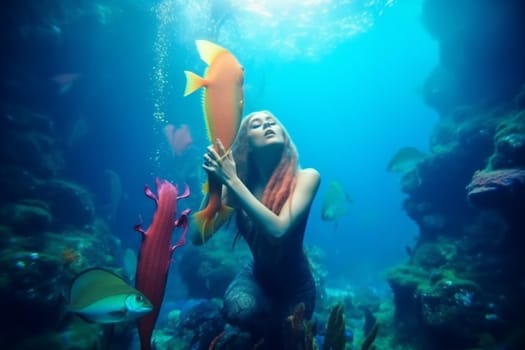 Mermaids are fantastic creatures that are half human and half fish. In this underwater scene, a beautiful mermaid can be seen singing in a colorful coral reef, creating a magical and ethereal ambiance. The soft focus adds to the dreamy and graceful feeling of the scenery. (generative AI)
