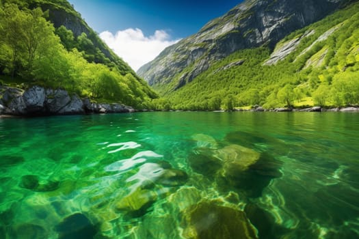 The dramatic fjord, surrounded by towering mountains, reveals a breathtaking scene of crystal-clear waters and lush greenery to the adventurous traveler. The panoramic view of the fjord displays the majesty of the landscape, immersing the viewer in its beauty. (generative AI)