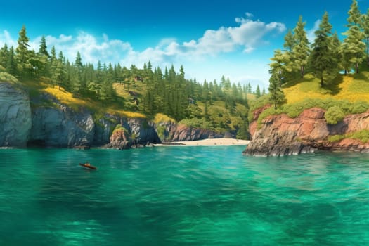 This beautiful ocean cove is surrounded by pristine forests and soaring cliffs, creating a truly breathtaking and picturesque scene. The natural beauty and photorealistic detail make it feel almost tangible, while the panoramic view captures the scale and majesty of this serene environment. (generative AI)