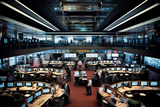 The fast-paced world of finance is on full display on this trading floor scene. Traders move in and out of the bustling environment, illuminated by flashing screens and dramatic lighting. (generative AI)
