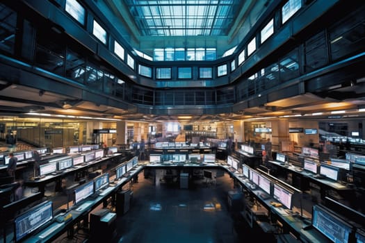 The fast-paced world of finance is on full display on this trading floor scene. Traders move in and out of the bustling environment, illuminated by flashing screens and dramatic lighting. (generative AI)