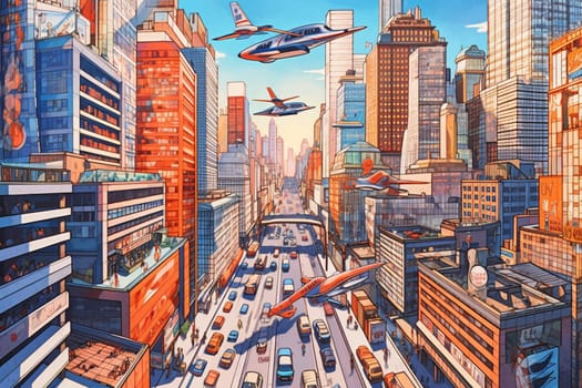 In the not-so-distant future, humanity has taken its technological advancements to new heights with a bustling cityscape filled with futuristic skyscrapers, flying cars, and brilliant holographic billboards. The energy and excitement is palpable, as businesspeople and entrepreneurs work tirelessly to innovate and push the boundaries of human progress. (generative AI)