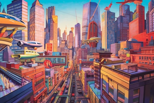 In the not-so-distant future, humanity has taken its technological advancements to new heights with a bustling cityscape filled with futuristic skyscrapers, flying cars, and brilliant holographic billboards. The energy and excitement is palpable, as businesspeople and entrepreneurs work tirelessly to innovate and push the boundaries of human progress. (generative AI)