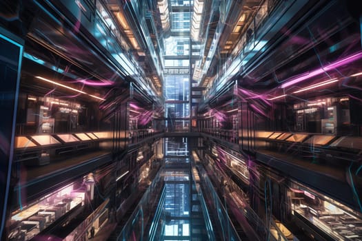 In a world where technology has taken over, futuristic businessmen and women gather at the stock exchange to trade stocks and invest in the latest breakthroughs. The environment is buzzing with energy and the neon lights create a surreal atmosphere. (generative AI)