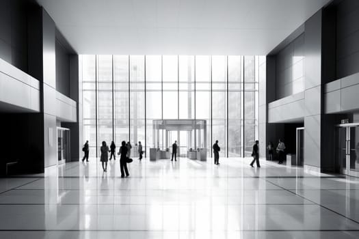The vibrant energy of a busy office building lobby is palpable, as people buzz in and out of the glass doors. The sleek, modern design and monochromatic color scheme create an environment that is both stylish and professional. (generative AI)