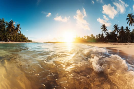 As the sun slowly sets behind the horizon, the warm tones of the sky accentuate the beauty of the tropical beach. The crystal-clear water invites you to take a dip, while the swaying palm trees provide a natural canopy of shade.  (generative AI)