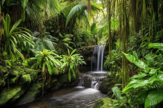 The serene and tranquil landscape of a beautiful waterfall cascading through tropical greenery reflects the natural beauty of the scene. The panoramic view creates an immersive experience, whilst the high contrast provides an extra level of sophistication to the beautiful landscape photo. (generative AI)