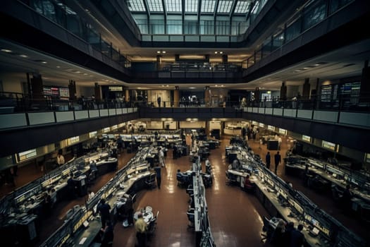 At the heart of the financial world lies the stock exchange, where traders buy and sell shares in a frenzied environment of fast-paced activity. In this bustling stock exchange floor, traders shout orders, signal with hand gestures, and pore over high-tech displays to stay ahead of the game. The energy and excitement of the trading floor is palpable, as fortunes are made and lost in seconds. (generative AI)
