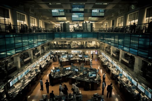 At the heart of the financial world lies the stock exchange, where traders buy and sell shares in a frenzied environment of fast-paced activity. In this bustling stock exchange floor, traders shout orders, signal with hand gestures, and pore over high-tech displays to stay ahead of the game. The energy and excitement of the trading floor is palpable, as fortunes are made and lost in seconds. (generative AI)