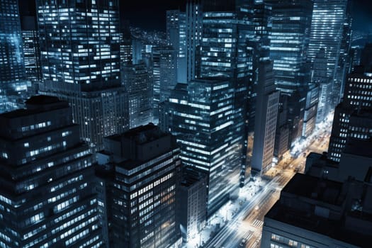 In a future city, the financial district comes to life at night as futuristic skyscrapers tower over the bustling streets. Advanced technology and innovative ideas drive the economy forward, creating a vibrant and dynamic business environment. (generative AI)