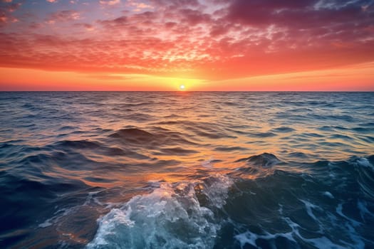 Watch the breathtaking sunset over the vast ocean, as the warm orange and pink colors blend in the sky, creating a stunning landscape. The sharp focus and vibrant colors make this scene a must-have for landscape photography enthusiasts. (generative AI)