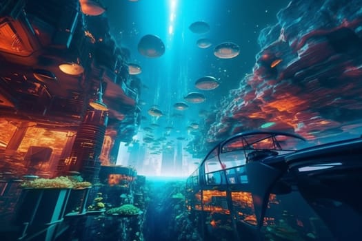 Explore a futuristic city built deep beneath the ocean's surface. The neon lights cast an eerie glow against the dark waters, creating an otherworldly atmosphere. The sharp focus and high contrast capture every detail of this stunning landscape. (generative AI)