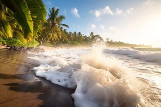 This idyllic beach landscape is the epitome of tropical paradise. The crystal clear water shimmers in the sunlight as waves crash against the sandy shore. Palm trees sway gently in the warm breeze, creating a peaceful and serene atmosphere. (generative AI)