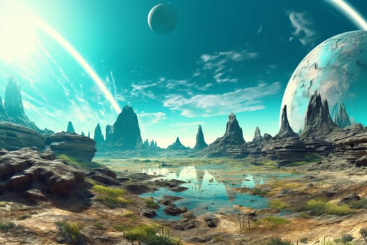 On this distant planet, the ocean's colors are astounding. The shades of greens and blues mix and meld together in a beautiful tapestry of colors. The surreal landscape, with its strange rock formations and unusual flora, only adds to the majestic beauty of this alien world. (generative AI)