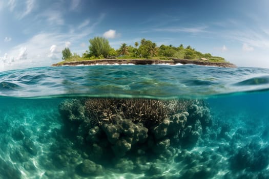 Witness the power of nature as the ocean's waves submerge a coral island, creating a breathtaking scene. The sharp focus and panoramic perspective make this landscape scene a must-have for landscape photography enthusiasts. (generative AI)