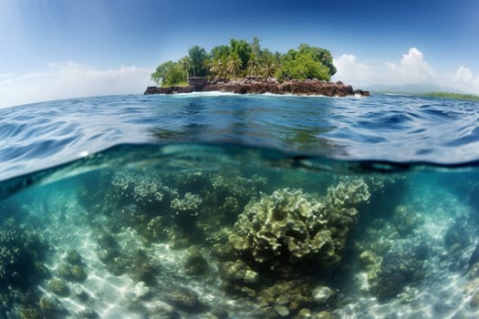Witness the power of nature as the ocean's waves submerge a coral island, creating a breathtaking scene. The sharp focus and panoramic perspective make this landscape scene a must-have for landscape photography enthusiasts. (generative AI)