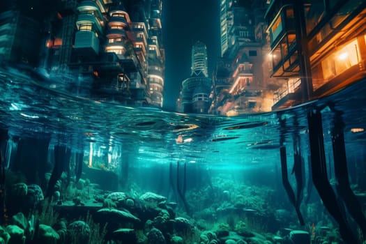 Explore a futuristic city built deep beneath the ocean's surface. The neon lights cast an eerie glow against the dark waters, creating an otherworldly atmosphere. The sharp focus and high contrast capture every detail of this stunning landscape. (generative AI)