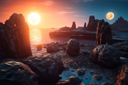 As the two moons rise in the distance, the warm tones of the sunset paint the rocky coast in a surreal and ethereal light. The dramatic lighting of the scene creates a cinematic feel, transporting the viewer to an otherworldly planet. (generative AI)