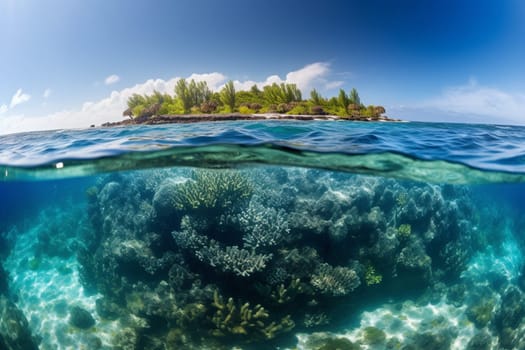 Witness the power of nature as the ocean's waves submerge a coral island, creating a breathtaking scene. The sharp focus and panoramic perspective make this landscape scene a must-have for landscape photography enthusiasts. (generative AI)