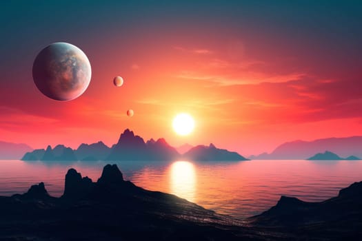 As the golden sun rises on the distant planet, two alien moons slowly fade from view. The crystal-clear waters of the ocean shimmer in the early light, revealing a fantastic and otherworldly landscape that is both surreal and breathtaking. (generative AI)