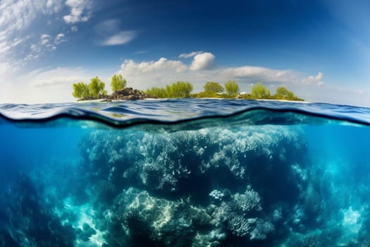 Witness the power of nature as the ocean's waves submerge a coral island, creating a breathtaking scene. The sharp focus and panoramic perspective make this landscape scene a must-have for landscape photography enthusiasts. (generative AI)