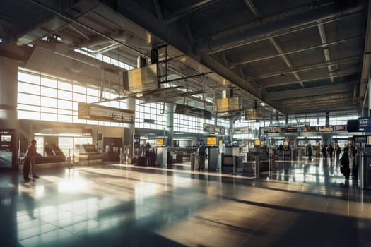 The modern transportation infrastructure that is the world of air travel never sleeps. In this busy airport terminal, a well-coordinated system of gates, agents, screening areas and streamlined processing contributes to a seamless customer experience. Business travelers are constantly in transit, and the appearance of the smooth integration of travel and business is achieved with an abundance of moving parts, all in perfect sync. (generative AI)