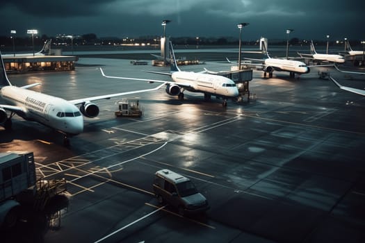 Take to the skies with this stunning photo scene of planes taking off and landing at a bustling airport. With fast-paced action and a busy and chaotic atmosphere, this photo scene captures the excitement and energy of air travel. With dramatic lighting and vibrant colors, this scene is perfect for anyone with a love of adventure. (generative AI)