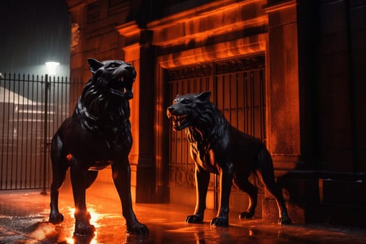 Cerberus is a mythical three-headed dog that guards the gates of the underworld. This infernal creature can be seen snarling and baring its sharp teeth, its eyes glowing with an ominous red light. The fiery lighting, dramatic shadows, and gothic vibe only add to the macabre atmosphere of the scene. (generative AI)