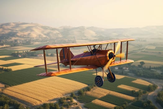 A vintage biplane of yesteryear gracefully glides through the sky, soaring over rolling hills and fields of crops. Its open cockpit and rustic design evoke a sense of nostalgia for a bygone era of aviation. (generative AI)