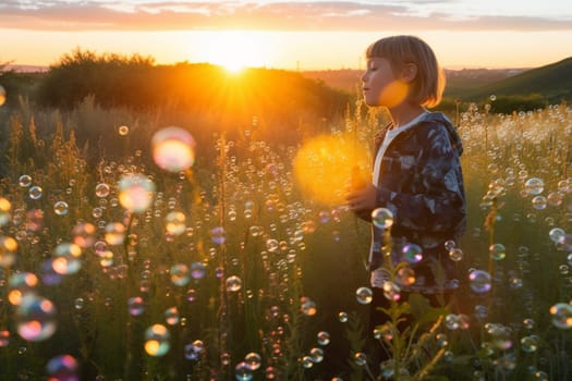 A child stands in a field of wildflowers, blowing bubbles as the sun rises in the background. The scene is colorful and dreamy, with a soft and warm quality to the light. This scene can evoke feelings of playfulness, joy, and adventure. (generative AI)