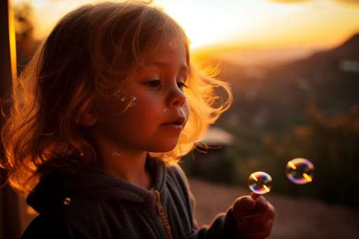 A child blows a stream of bubbles into the air, surrounded by the warm, colorful light of sunset. The playful and innocent scene is heightened by the soft and dreamy atmosphere, creating a sense of fun and joyfulness. (generative AI)