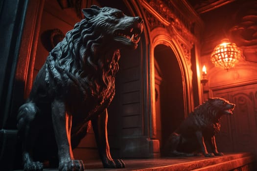 Cerberus is a mythical three-headed dog that guards the gates of the underworld. This infernal creature can be seen snarling and baring its sharp teeth, its eyes glowing with an ominous red light. The fiery lighting, dramatic shadows, and gothic vibe only add to the macabre atmosphere of the scene. (generative AI)