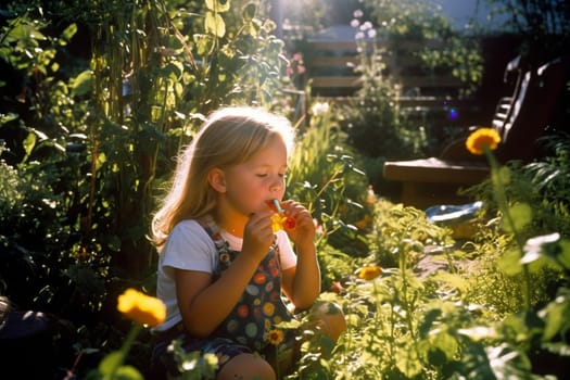 A child blows bubbles in a garden filled with sun and color, their face filled with wonder and innocence. The scene is whimsical and playful, with the bright colors and light enhancing the carefree spirit of the moment. The child is in a state of joy, lost in the magic of the bubbles and the beauty of nature. This scene can evoke feelings of nostalgia, playfulness, and joy. (generative AI)