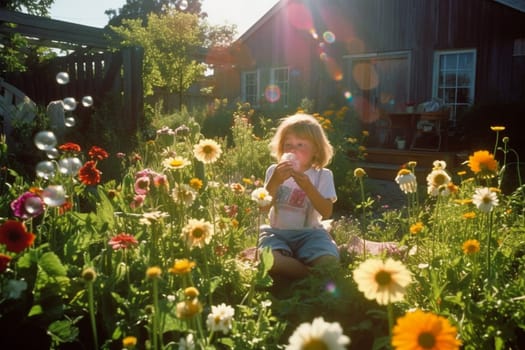 A child blows bubbles in a garden filled with sun and color, their face filled with wonder and innocence. The scene is whimsical and playful, with the bright colors and light enhancing the carefree spirit of the moment. The child is in a state of joy, lost in the magic of the bubbles and the beauty of nature. This scene can evoke feelings of nostalgia, playfulness, and joy. (generative AI)
