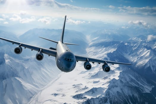 A sturdy cargo plane soars over the majestic snowy mountains of a vast winter landscape, high above the clouds. The panoramic view from high-altitude and photorealistic blue tones combine to create a dramatic and adventurous atmosphere in this awe-inspiring scene. (generative AI)