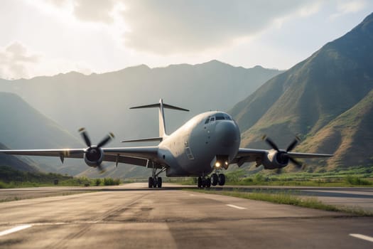 A rugged cargo plane lands on a small tarmac situated in a remote mountainous region, its massive engines roaring as it comes to a stop. The plane transports vital goods and supplies to areas inaccessible by ground transport, delivering crucial resources to communities and businesses alike. (generative AI)