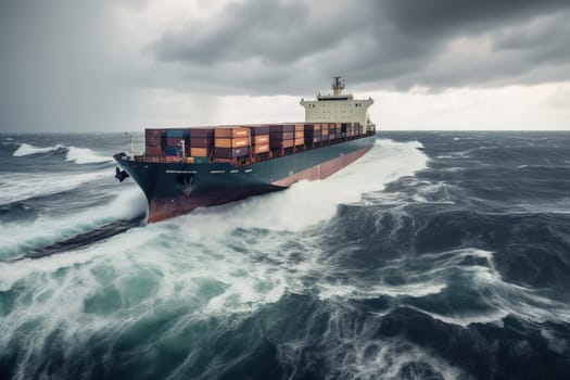 In the midst of a treacherous sea storm, a massive cargo ship battles the elements to deliver its precious cargo safely to port. The tempestuous waves toss the ship around like a toy, while lightning streaks through the sky and thunder booms ominously in the distance. (generative AI)