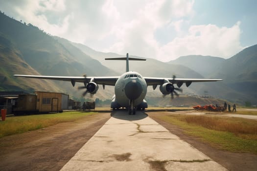 A rugged cargo plane lands on a small tarmac situated in a remote mountainous region, its massive engines roaring as it comes to a stop. The plane transports vital goods and supplies to areas inaccessible by ground transport, delivering crucial resources to communities and businesses alike. (generative AI)
