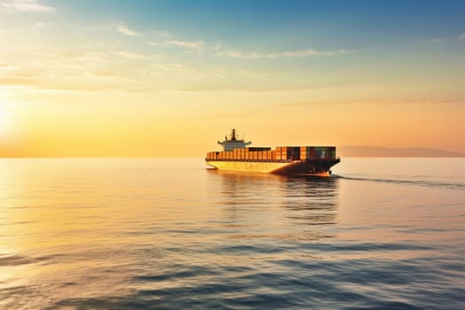 A large cargo ship loaded with containers, sets sail amidst the tranquil blue sea at the break of dawn. The warm yellow-golden hues of the sunrise reflects on the calm water, providing a serene ambiance as the massive cargo ship glides through the vast ocean. (generative AI)