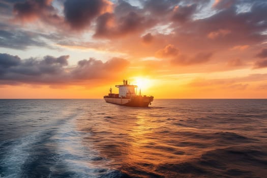 A majestic cargo ship sails across the open sea, its enormous hull plowing through the waves as the sun sets in a dramatic display of colors. The ship carries vital supplies and goods, a symbol of the global economy and trade. (generative AI)